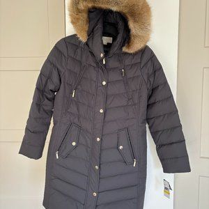NWT MICHAEL KORS Hooded Faux Fur Trim Coat in Gunmetal | Size M